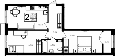 Планировка — Семисчастье, 2-комн., 59 м²