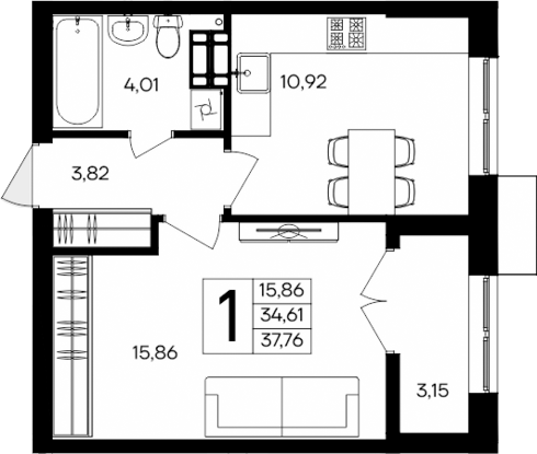 Планировка — Семисчастье, 1-комн., 35 м²