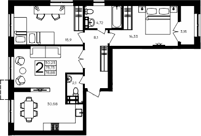 Планировка — Семисчастье, 2-комн., 76 м²