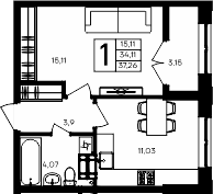 Планировка — Семисчастье, 1-комн., 34 м²