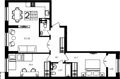 Планировка — Семисчастье, 2-комн., 76 м²