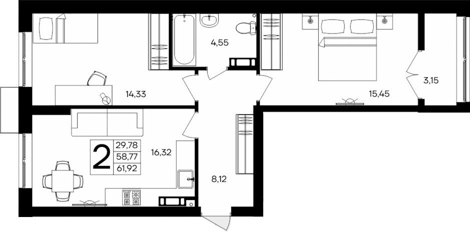 Планировка — Семисчастье, 2-комн., 59 м²