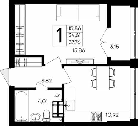 Планировка — Семисчастье, 1-комн., 35 м²