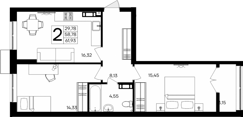 Планировка — Семисчастье, 2-комн., 59 м²