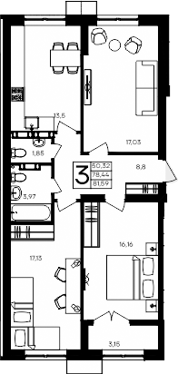 Планировка — Семисчастье, 3-комн., 78 м²
