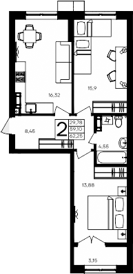 Планировка — Семисчастье, 2-комн., 59 м²