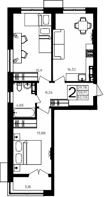 Планировка — Семисчастье, 2-комн., 59 м²