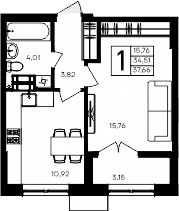Планировка — Семисчастье, 1-комн., 35 м²