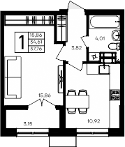 Планировка — Семисчастье, 1-комн., 35 м²