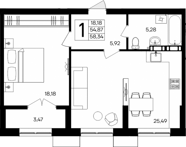 Планировка — Семисчастье, 1-комн., 55 м²