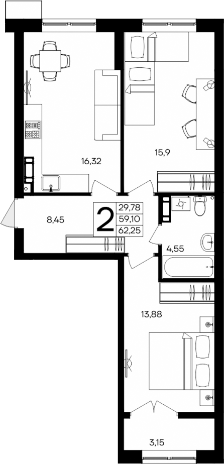 Планировка — Семисчастье, 2-комн., 59 м²