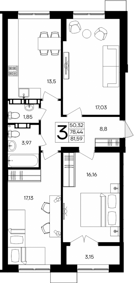 Планировка — Семисчастье, 3-комн., 78 м²