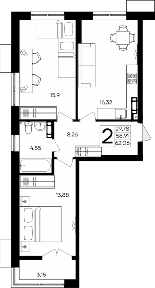 Планировка — Семисчастье, 2-комн., 59 м²