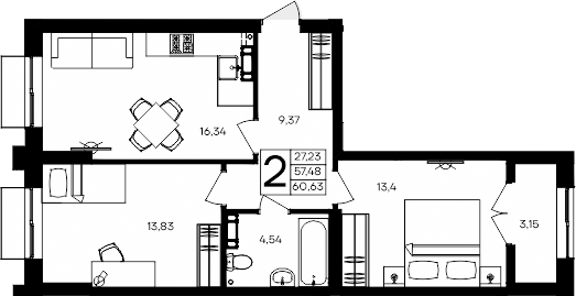Планировка — Семисчастье, 2-комн., 57 м²