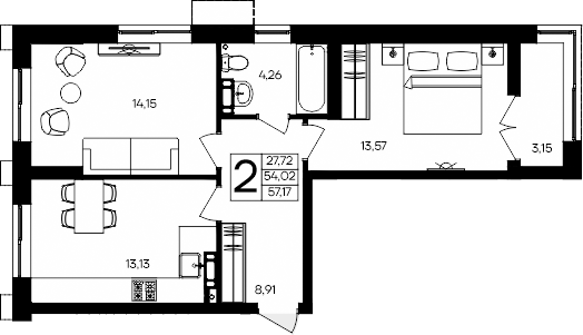Планировка — Семисчастье, 2-комн., 54 м²
