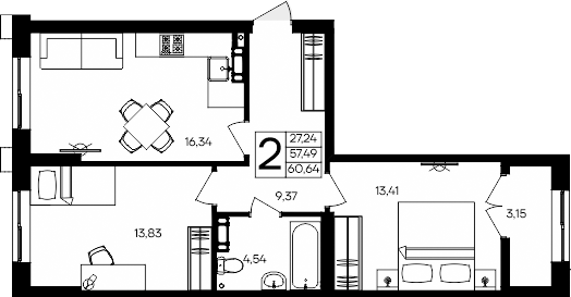 Планировка — Семисчастье, 2-комн., 57 м²