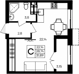 Планировка — Семисчастье, Студия, 29 м²