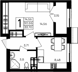 Планировка — Семисчастье, 1-комн., 31 м²