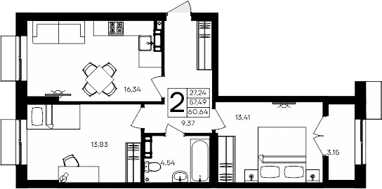 Планировка — Семисчастье, 2-комн., 57 м²
