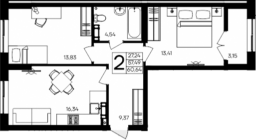 Планировка — Семисчастье, 2-комн., 57 м²