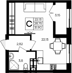 Планировка — Семисчастье, Студия, 29 м²