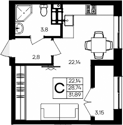 Планировка — Семисчастье, Студия, 29 м²