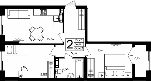 Планировка — Семисчастье, 2-комн., 57 м²