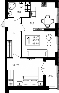 Планировка — Семисчастье, 1-комн., 46 м²