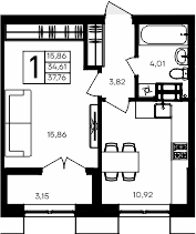 Планировка — Семисчастье, 1-комн., 35 м²