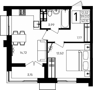 Планировка — Семисчастье, 1-комн., 39 м²