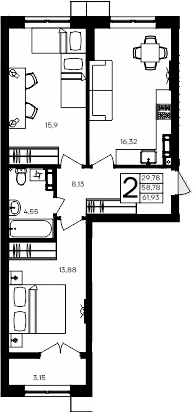 Планировка — Семисчастье, 2-комн., 59 м²