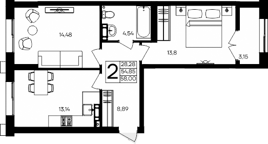 Планировка — Семисчастье, 2-комн., 55 м²