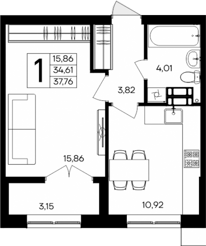 Планировка — Семисчастье, 1-комн., 35 м²