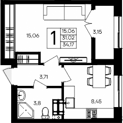 Планировка — Семисчастье, 1-комн., 31 м²