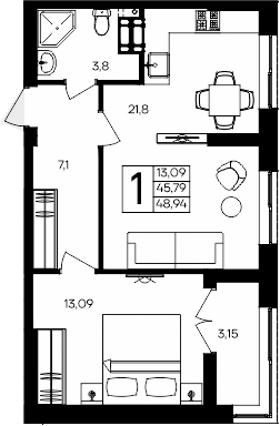 Планировка — Семисчастье, 1-комн., 46 м²