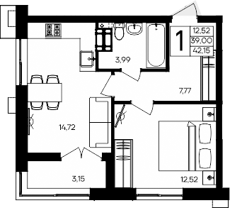 Планировка — Семисчастье, 1-комн., 39 м²