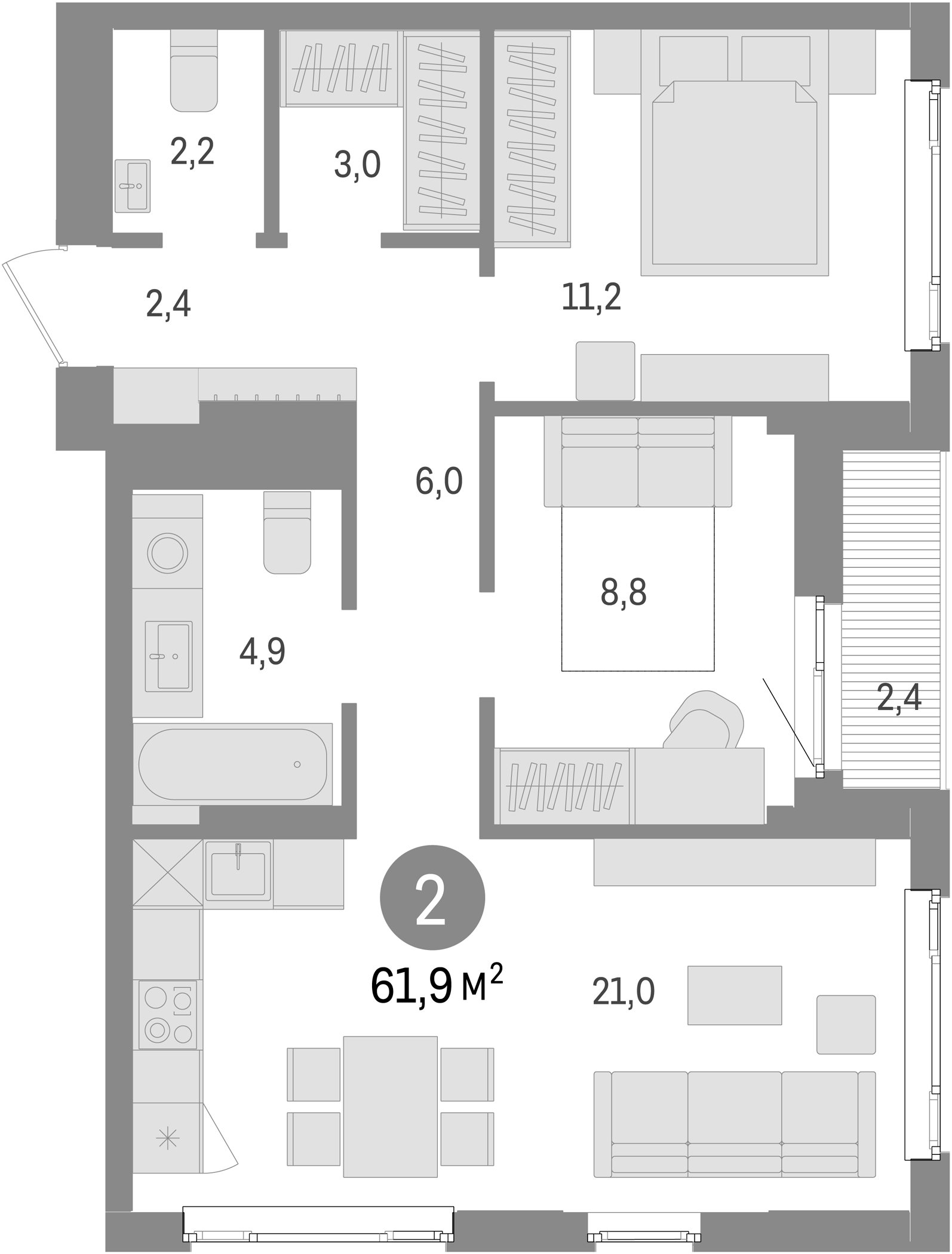 Планировка — Траектория, 2-комн., 60 м²
