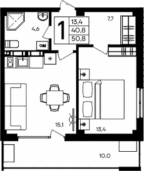 Планировка — Апарт-комплекс Альморе, 1-комн., 41 м²