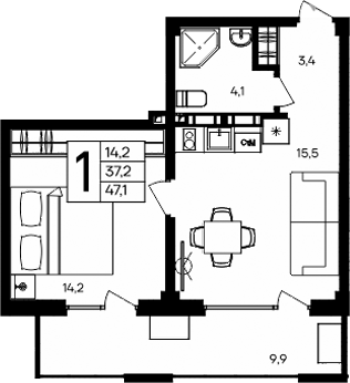 Планировка — Апарт-комплекс Альморе, 1-комн., 37 м²