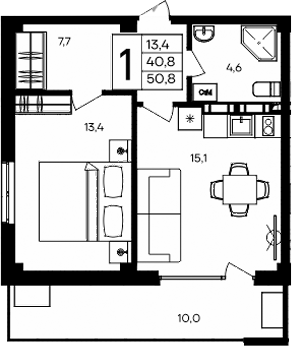 Планировка — Апарт-комплекс Альморе, 1-комн., 41 м²