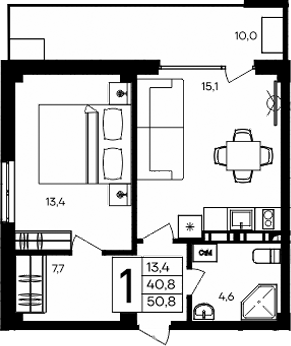 Планировка — Апарт-комплекс Альморе, 1-комн., 41 м²