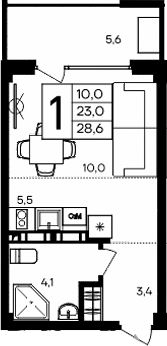 Планировка — Апарт-комплекс Альморе, Студия, 23 м²