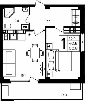 Планировка — Апарт-комплекс Альморе, 1-комн., 41 м²