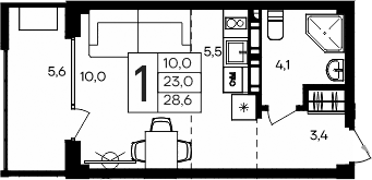 Планировка — Апарт-комплекс Альморе, Студия, 23 м²