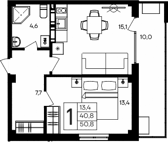 Планировка — Апарт-комплекс Альморе, 1-комн., 41 м²