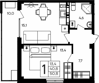 Планировка — Апарт-комплекс Альморе, 1-комн., 41 м²
