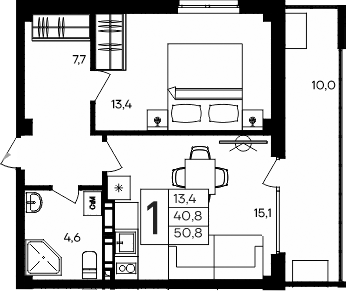 Планировка — Апарт-комплекс Альморе, 1-комн., 41 м²