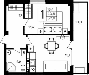 Планировка — Апарт-комплекс Альморе, 1-комн., 41 м²