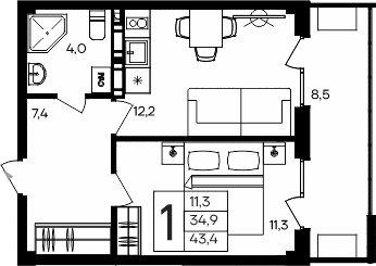 Планировка — Апарт-комплекс Альморе, 1-комн., 35 м²