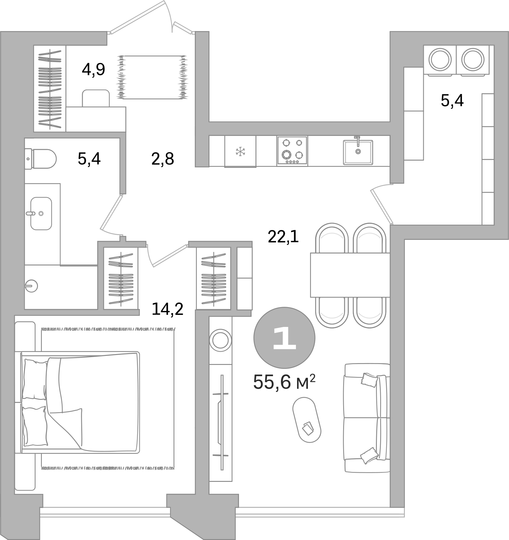 Планировка — Гоголя 21, 1-комн., 56 м²